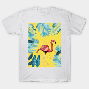 Flamingo with tropical leaves and a yellow background T-Shirt